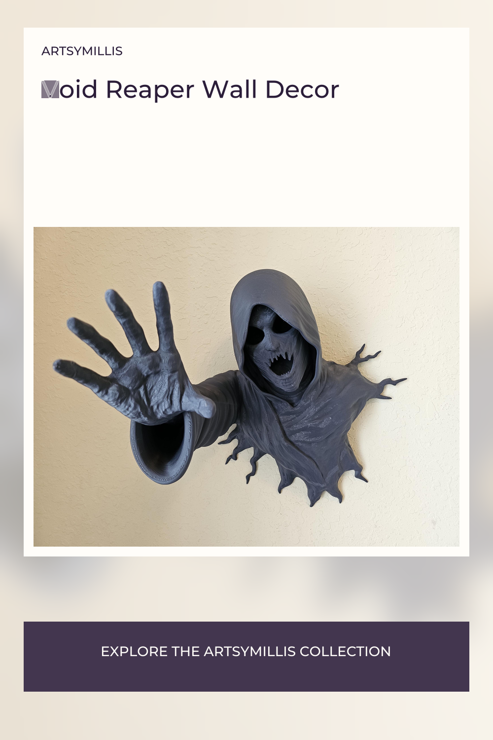 A black, 3D-printed void reaper wall decoration with a gothic ghost Halloween theme, featuring a hooded figure with outstretc