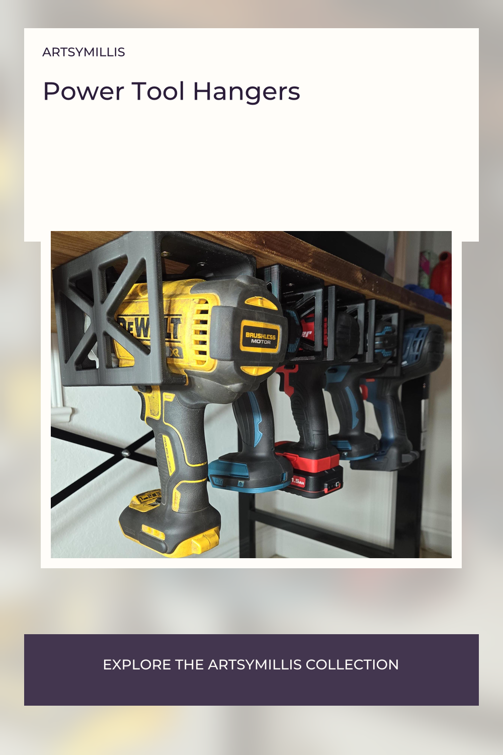A set of four power tools mounted on a black and yellow power tool hanger, with a wooden shelf in the background.