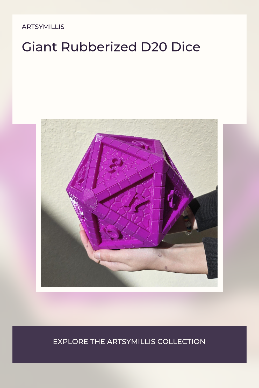 A vibrant purple, 3D-printed D20 dice with customizable colors, held in a hand against a plain background.
