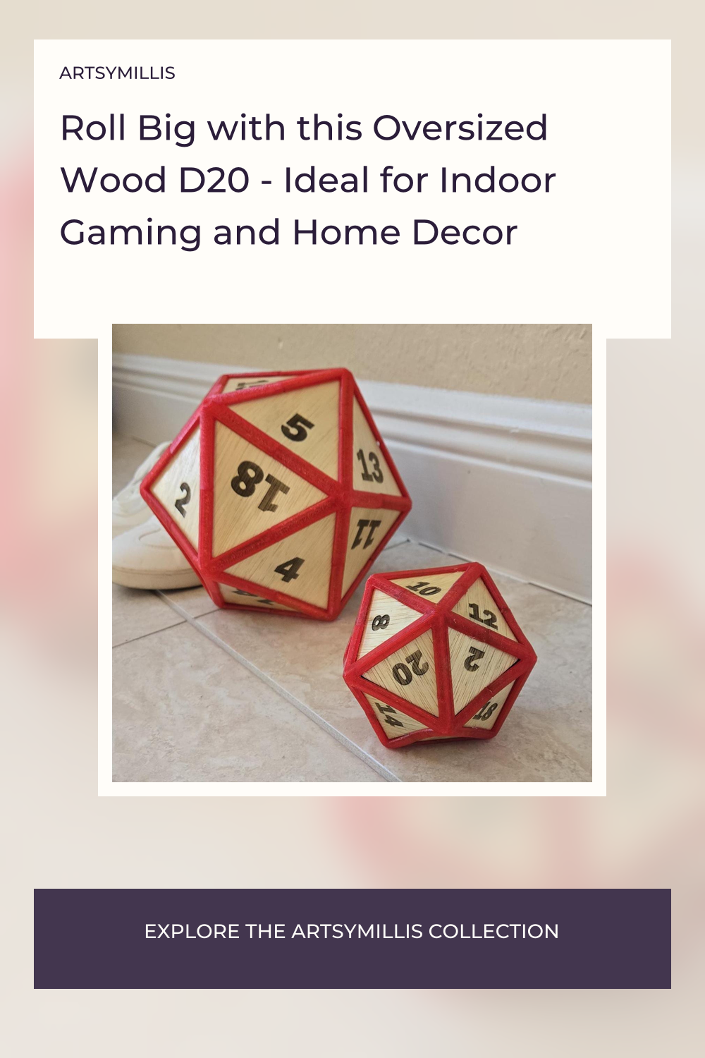 A large and a small wooden D20 dice with red edges, featuring numbers from 1 to 20, placed on a tiled floor next to a white,帆