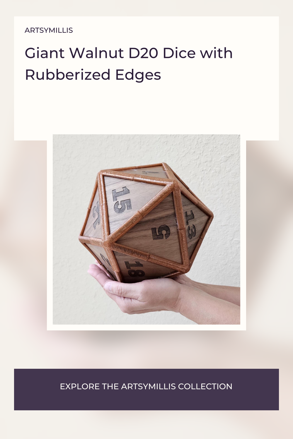 A hand holds a large, walnut-colored D20 dice with rubberized edges, showcasing its intricate design and numbering.