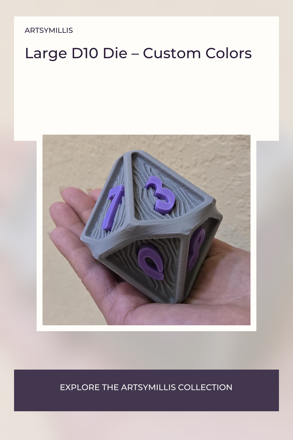 A hand holding a large D10 die with purple numbers on a textured gray surface.