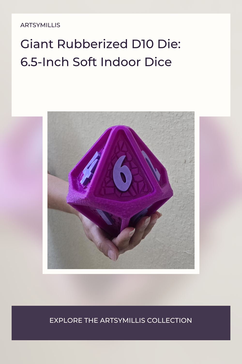 A hand holding a large, purple, rubberized D10 die with numbers 1 through 10 visible on its faces.