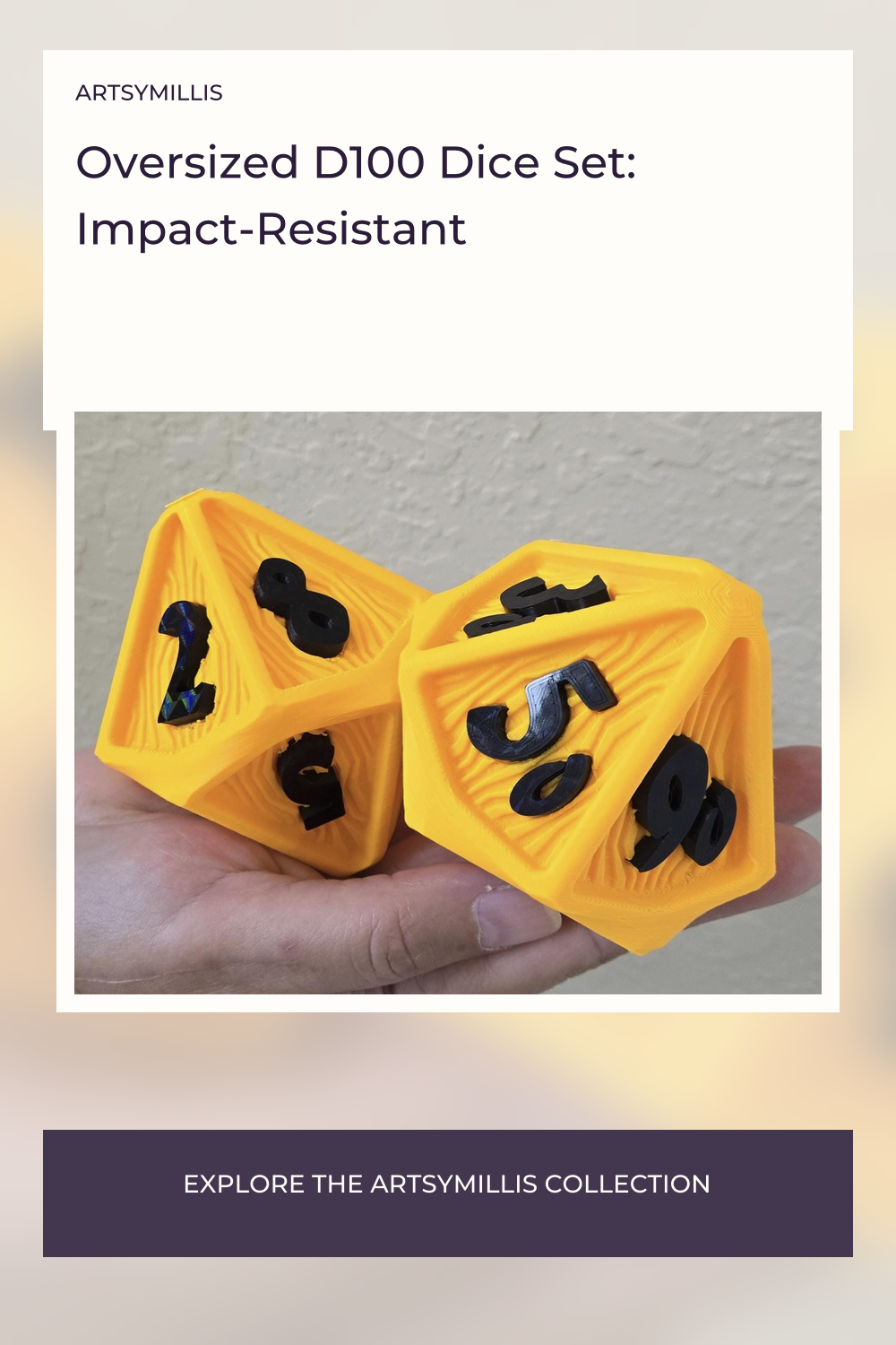 A hand holding two oversized yellow D100 dice with black numbers on them.