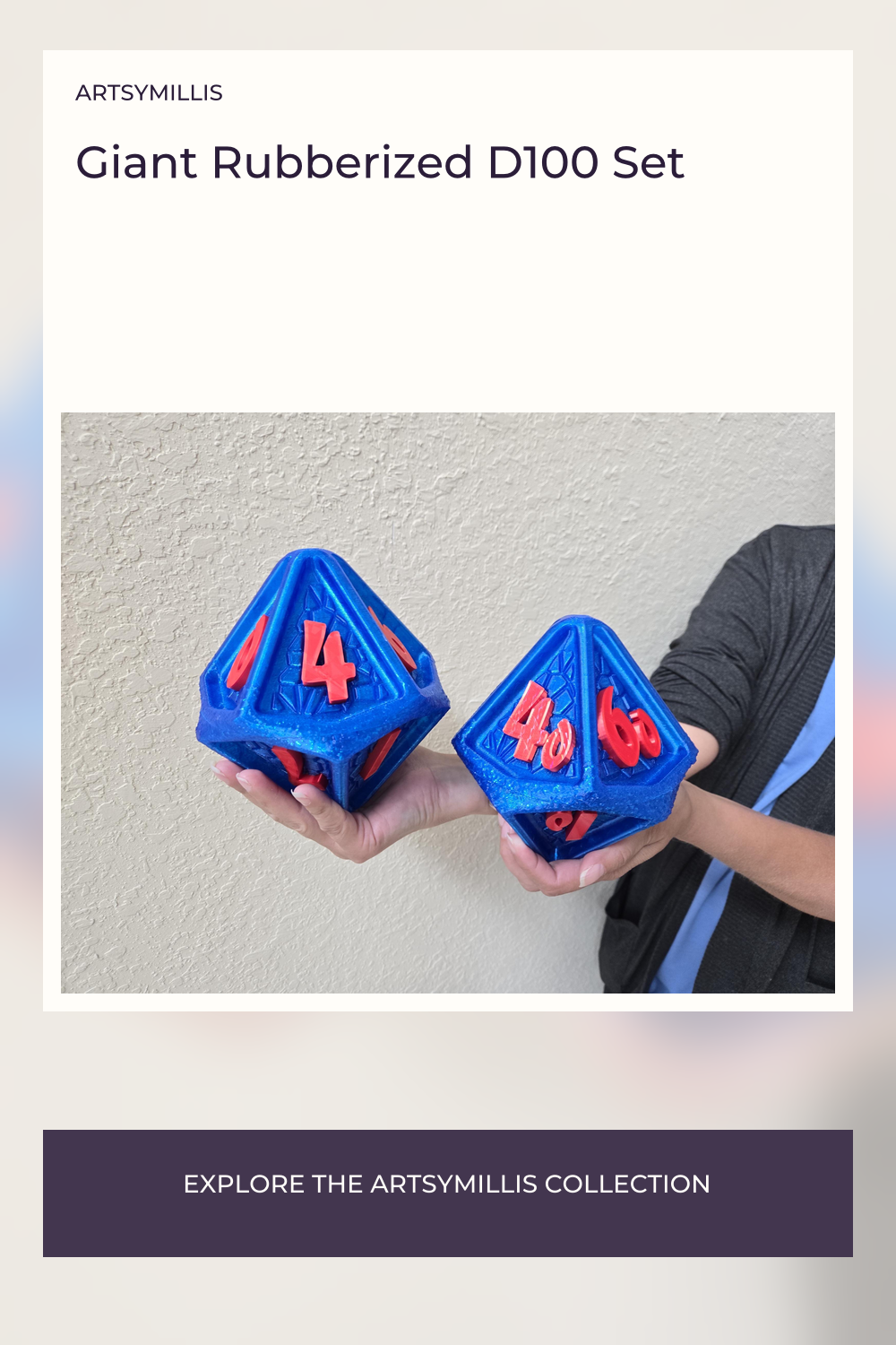 Two large blue D100 dice with red numbers held in hands against a textured wall.
