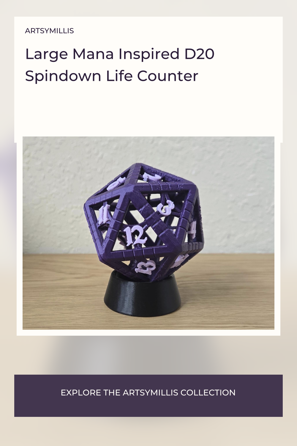 A purple 3D printed D20 life counter with numbers on each face, placed on a black stand.