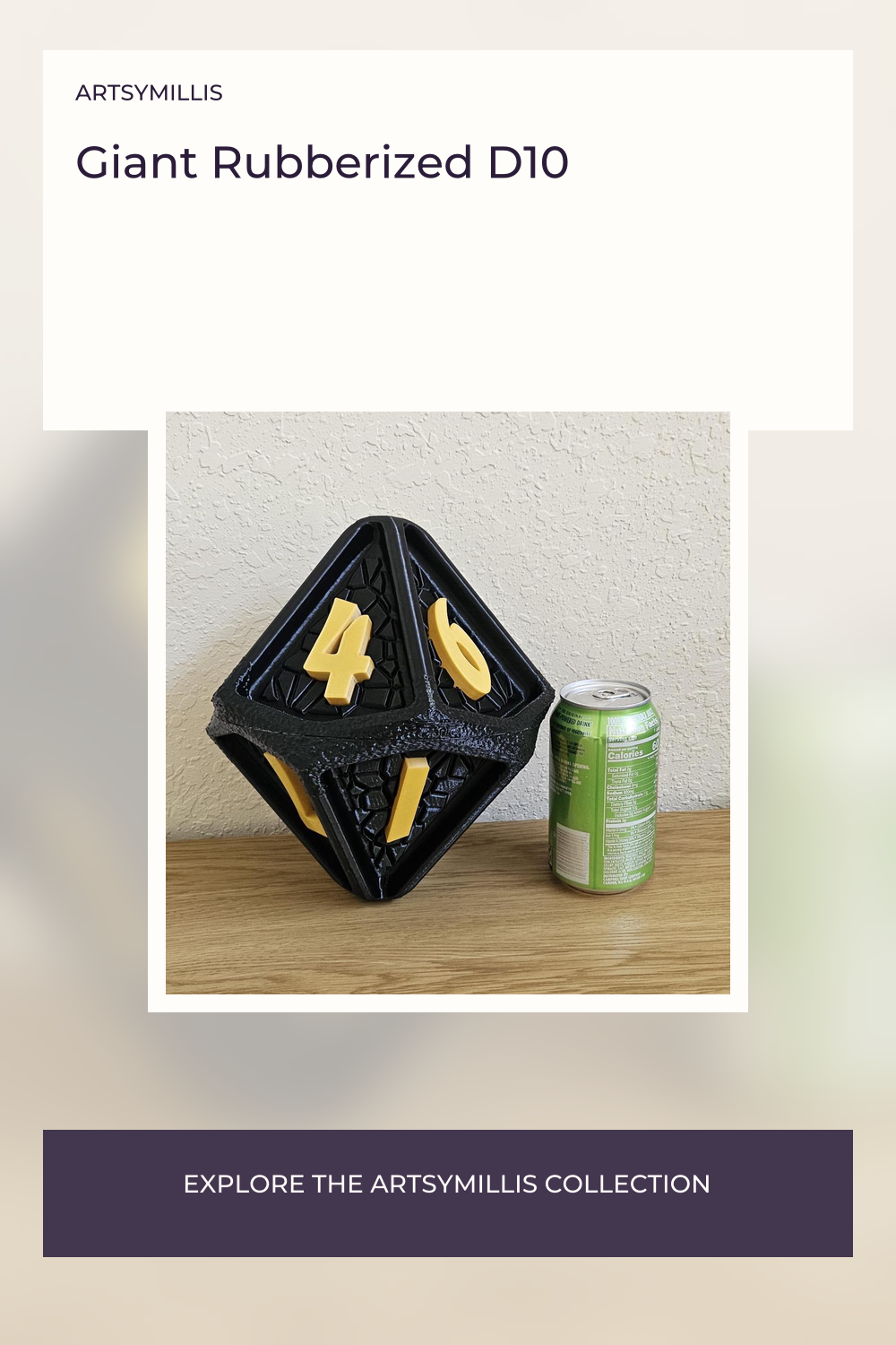 A giant rubberized D10 dice, 9 inches in size, with yellow numbers on a black background, placed next to a soda can for scale