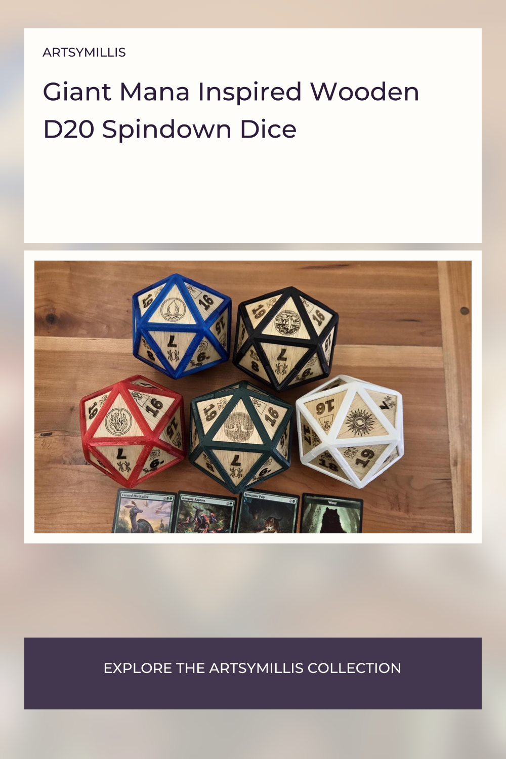 Five giant mana inspired wooden D20 spindown dice in various colors, including blue, black, red, green, and white, displayed,