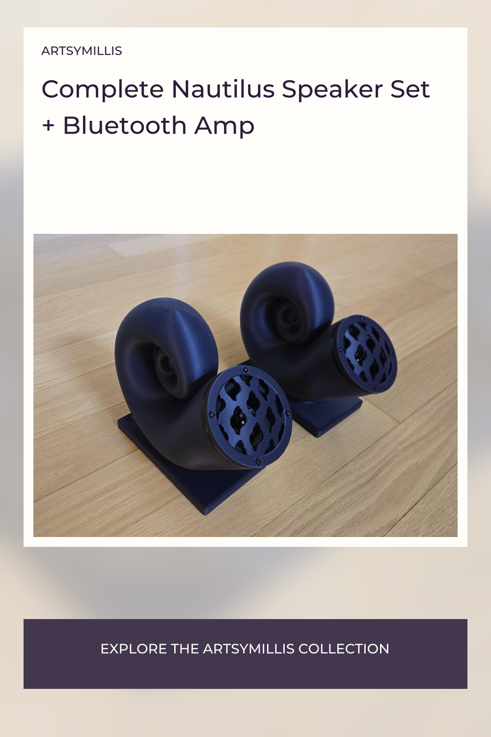 A complete Nautilus speaker set with a blue hex color code of #283593, featuring two speakers with a spiral design and a blue
