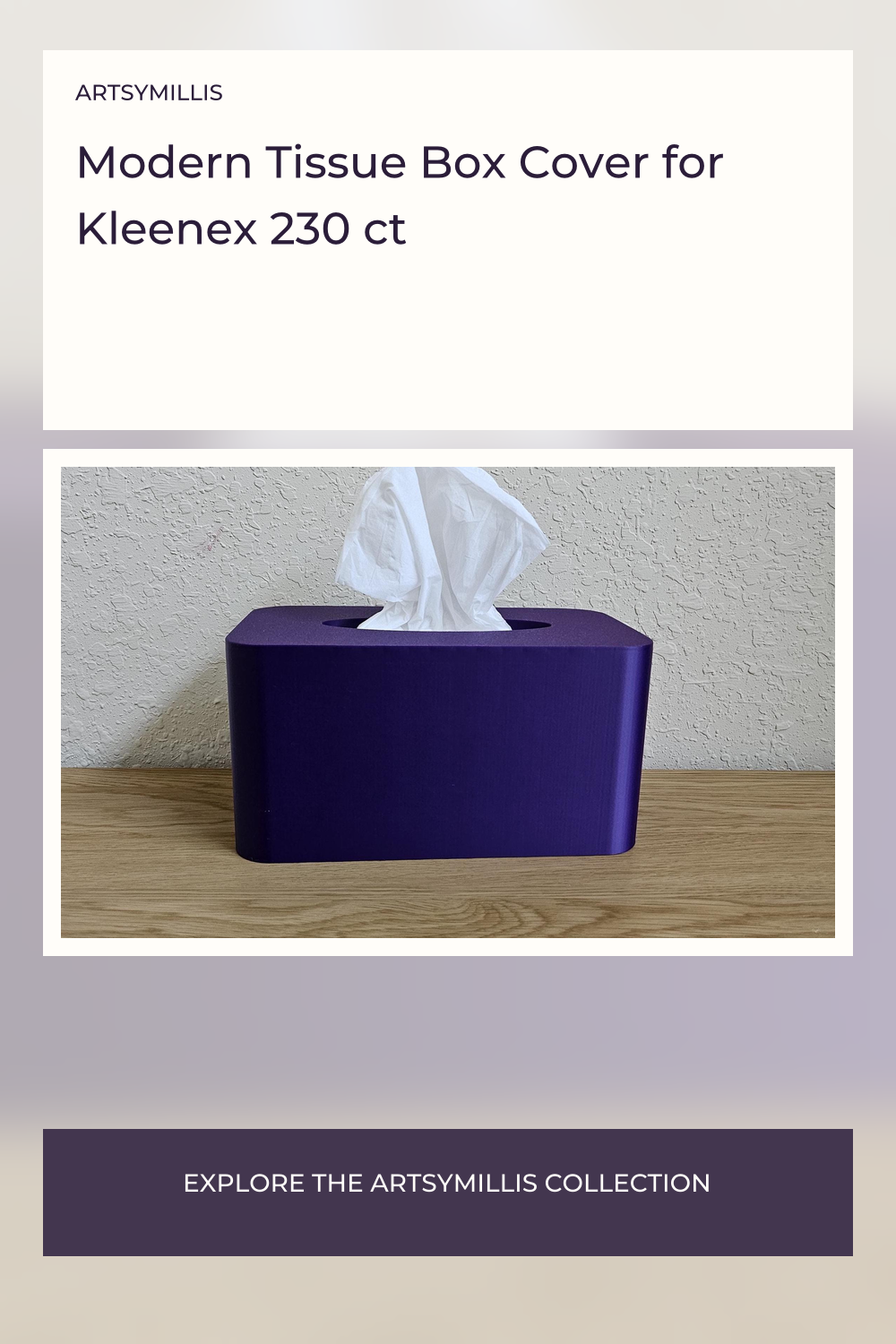 A modern tissue box cover in a deep purple color, holding a pack of Kleenex tissues.