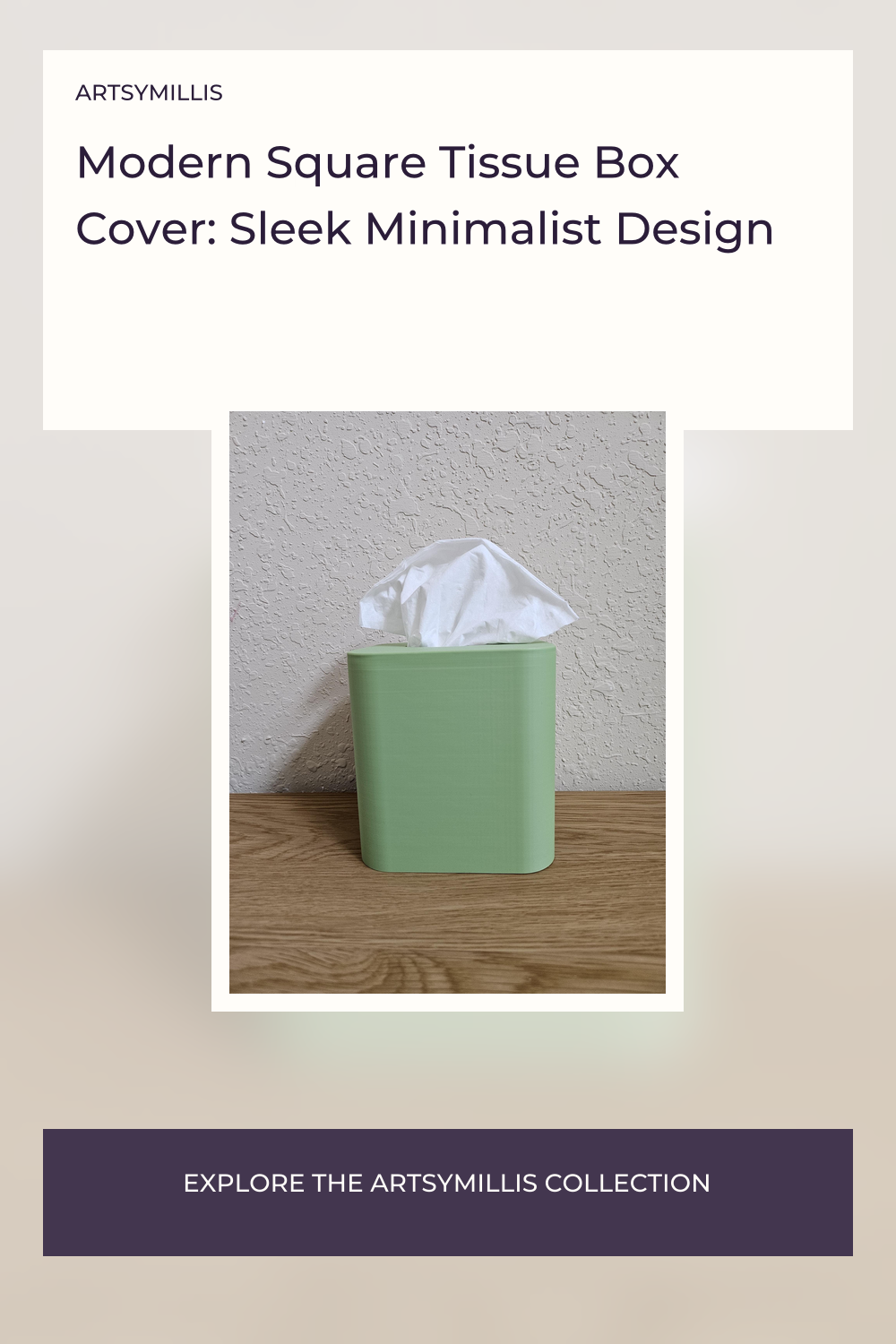 A modern square tissue box cover with a sleek minimalist design, featuring a light green color and a white tissue sticking up