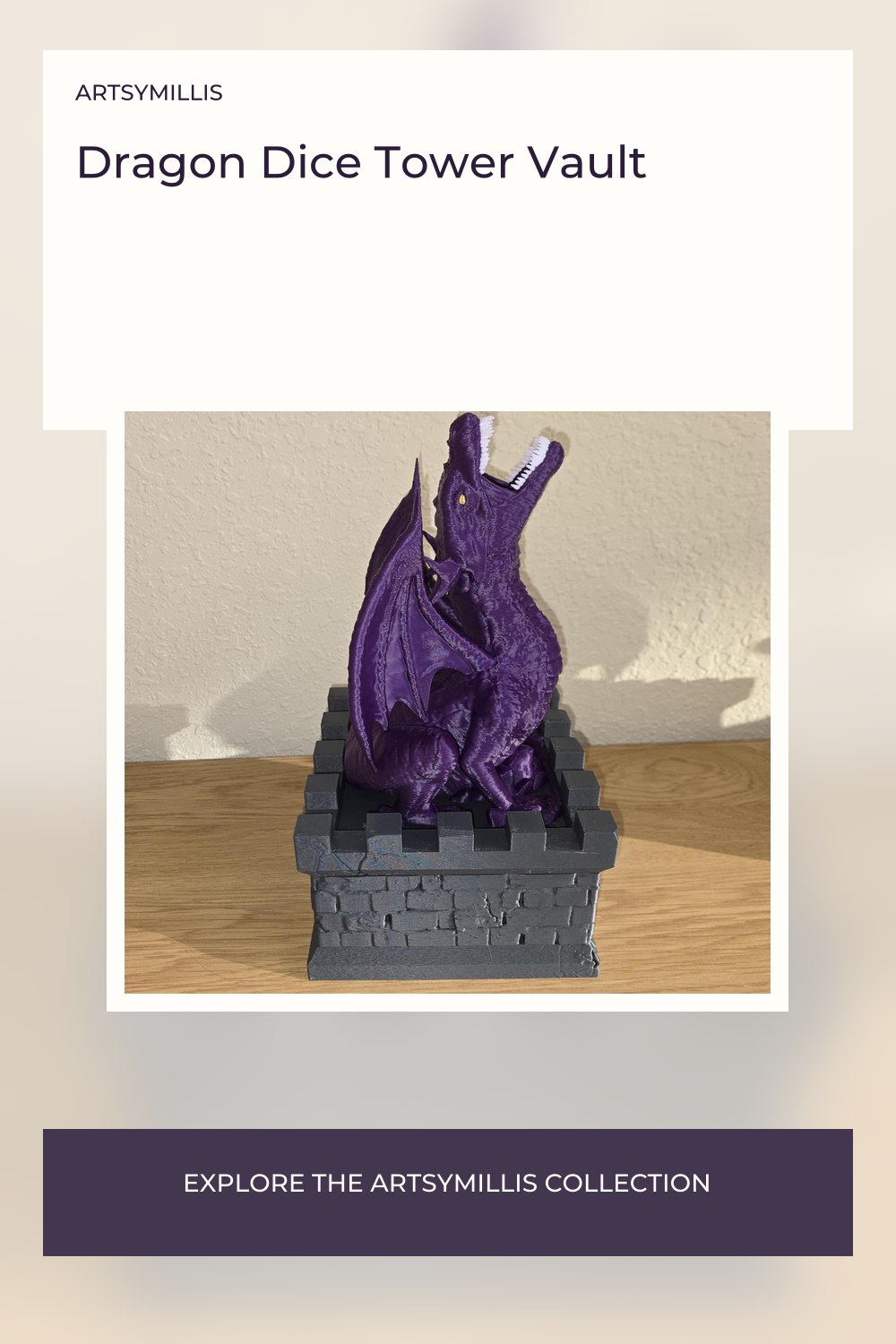 A purple dragon figurine sitting on a black castle base, with a dice drawer and a 7-dice set included.