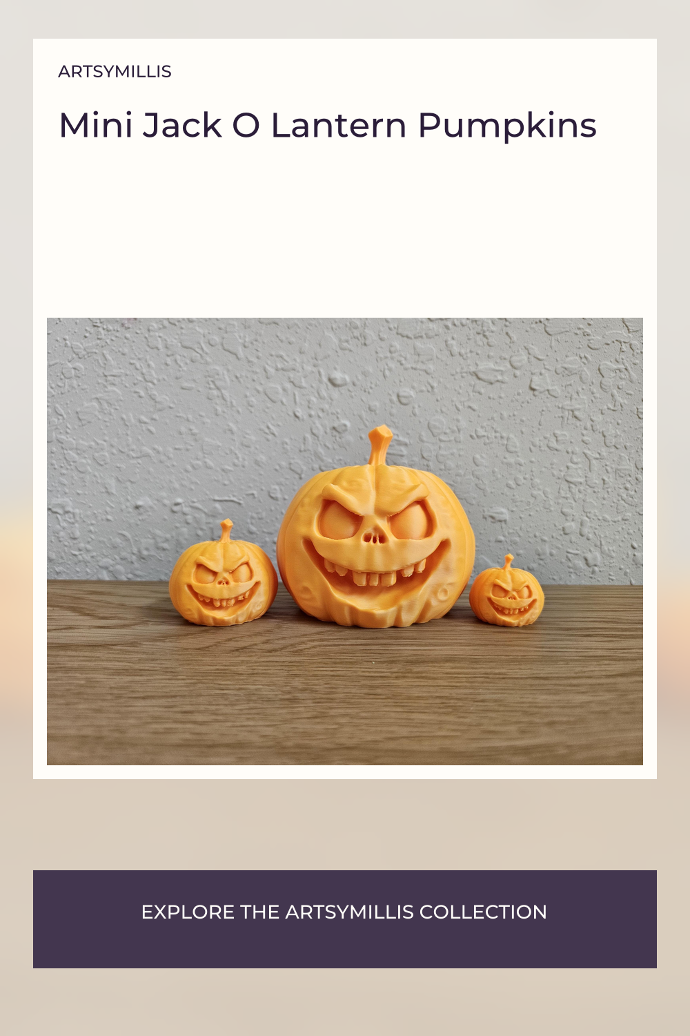 Three miniature Jack O Lantern pumpkins with carved faces, displayed on a wooden surface against a textured wall.