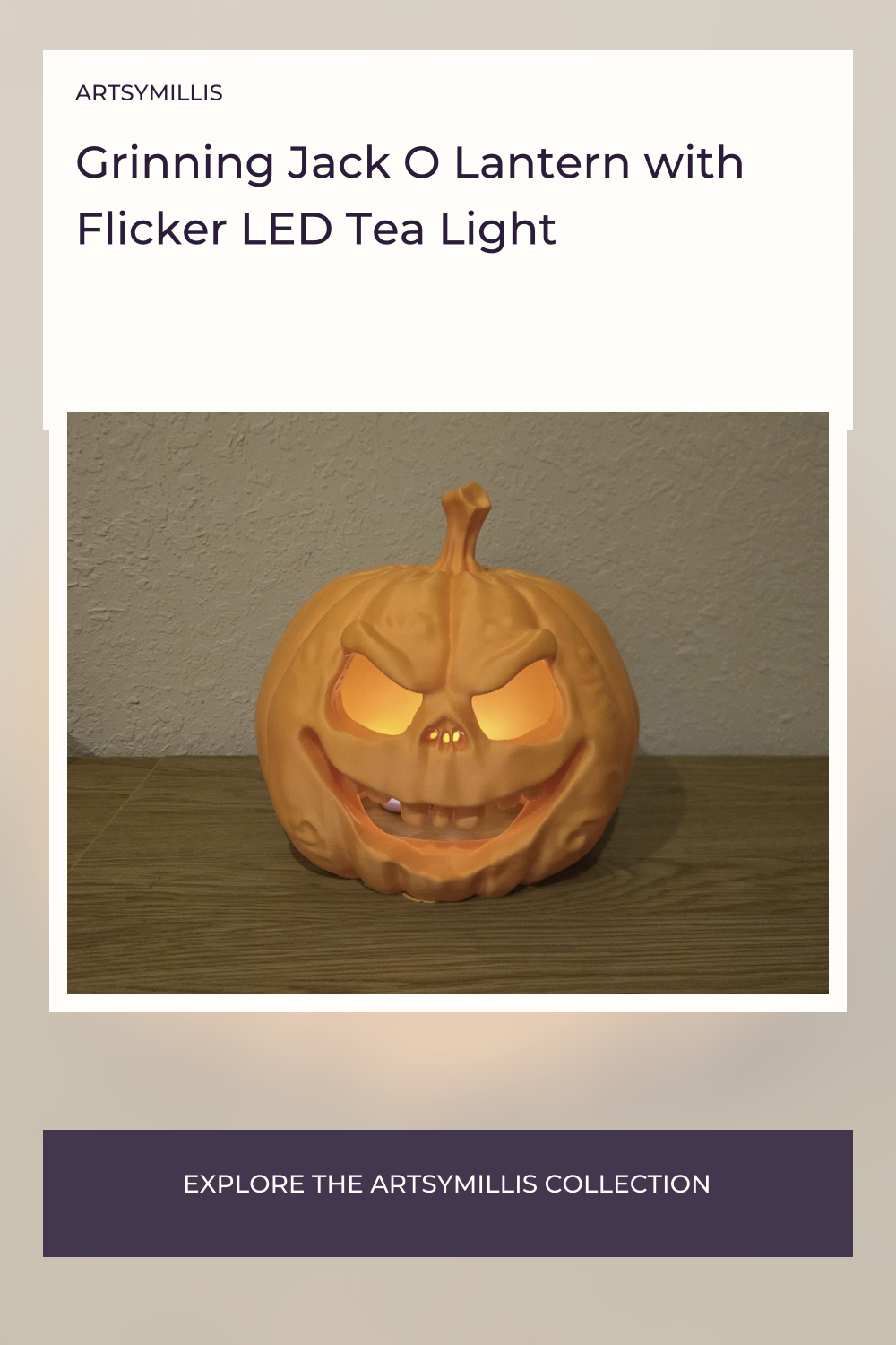 A glowing orange pumpkin with a carved face, placed on a wooden surface.
