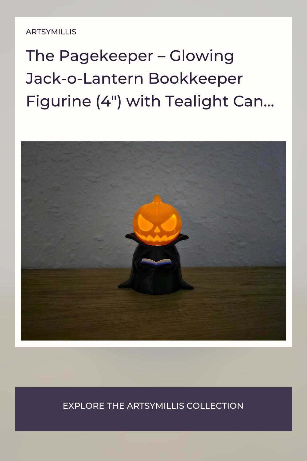 A glowing Jack-o-Lantern figurine with a book in its hands, placed on a wooden surface.