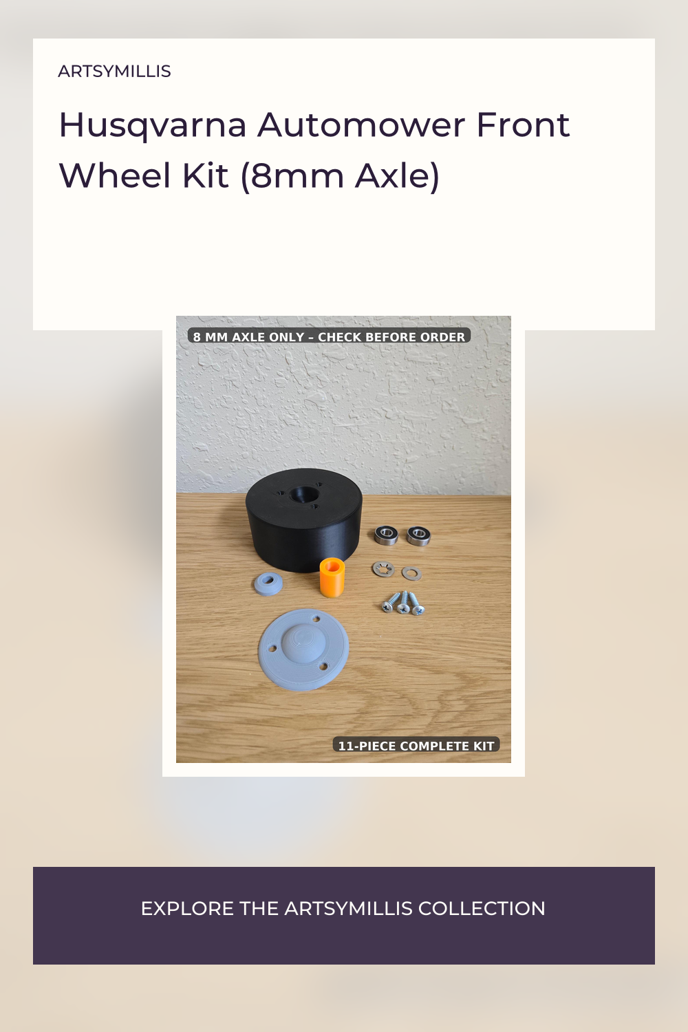 A 11-piece complete kit for a Husqvarna Automower front wheel, including a large black cylindrical part, a small orange part,