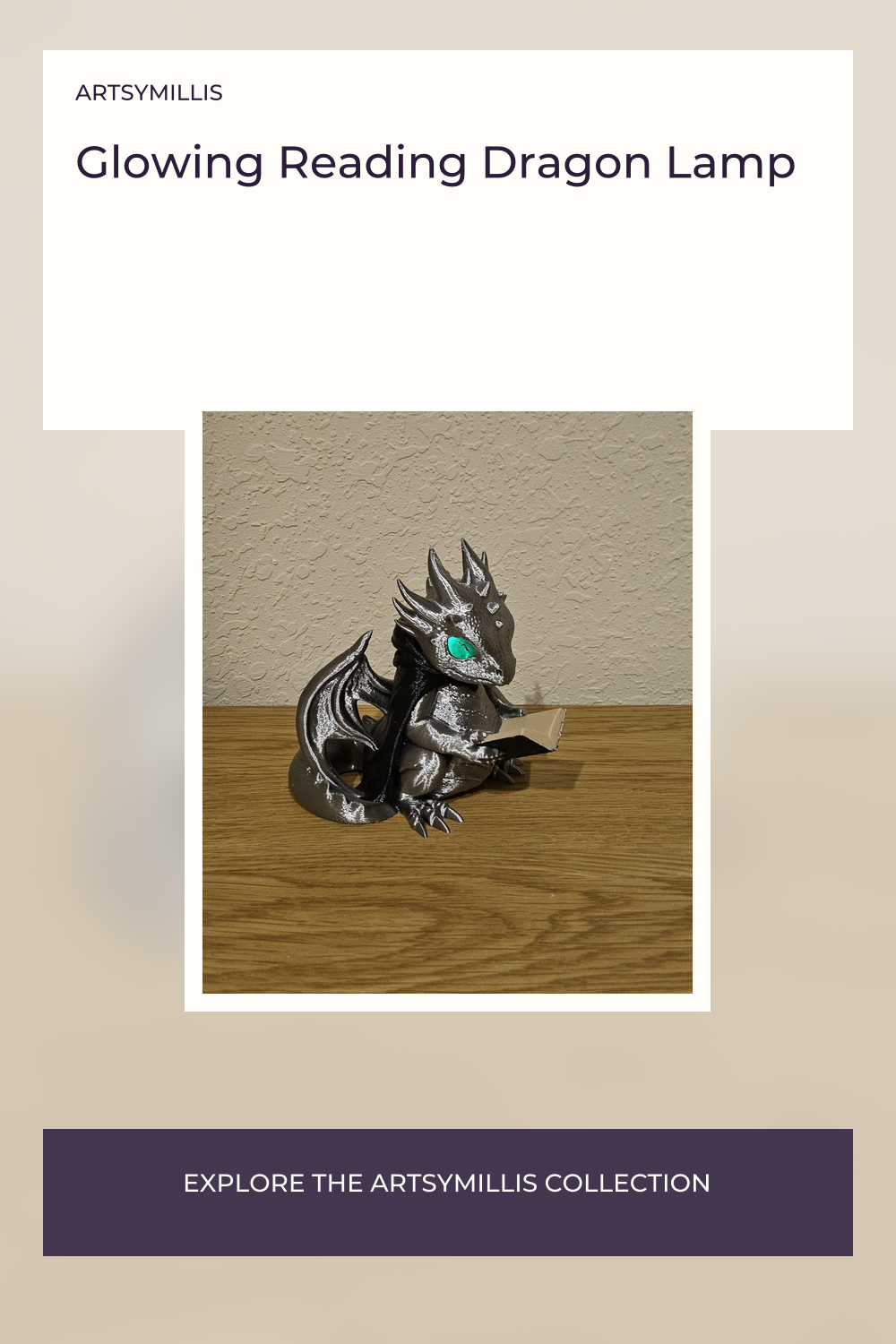 A glowing reading dragon lamp with a cozy fantasy night light design, featuring a dragon holding a book and a green glowing眼,
