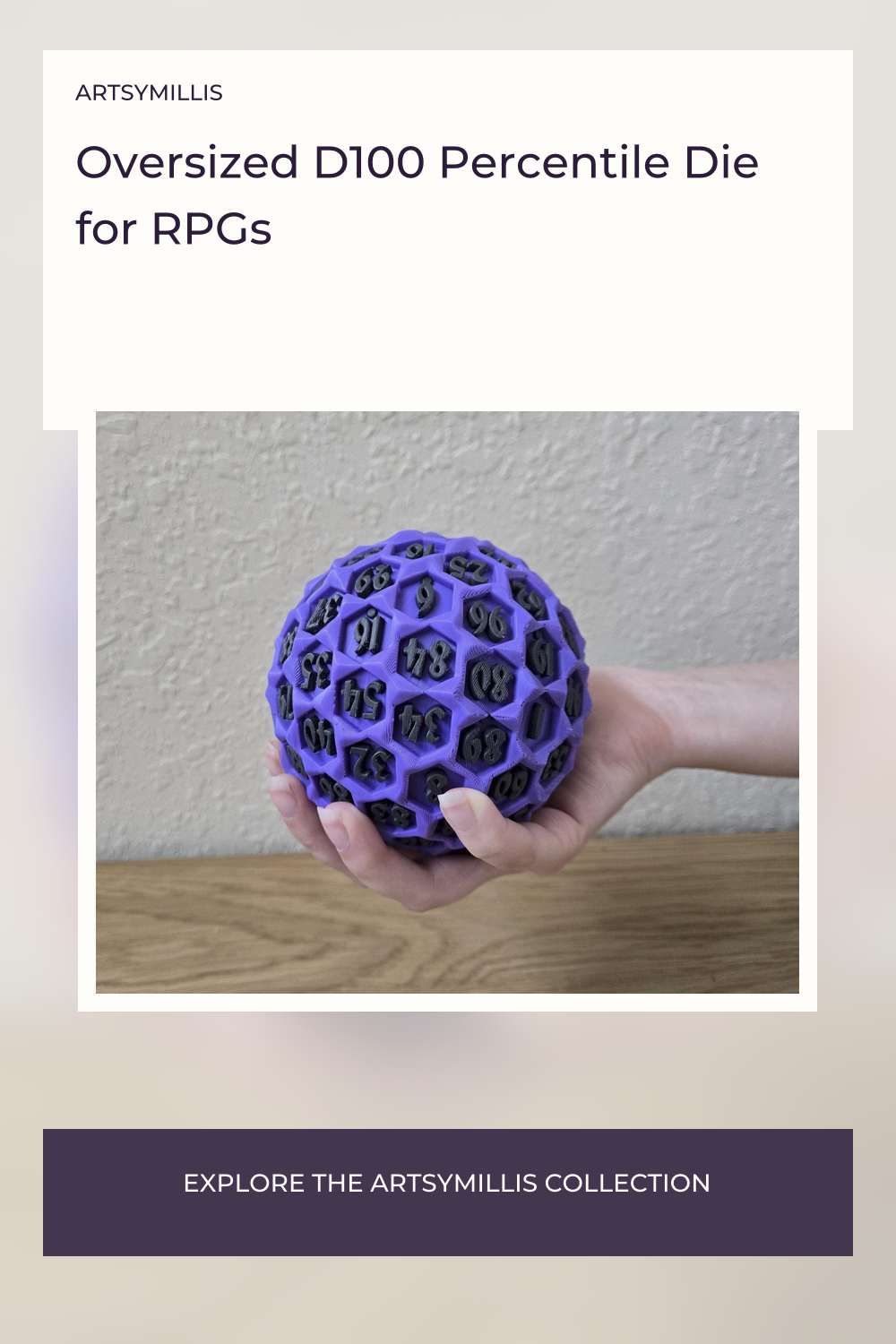 A hand holding a purple, 3D-printed, honeycomb-patterned ball with numbers on it, likely a giant percentile die for RPGs.
