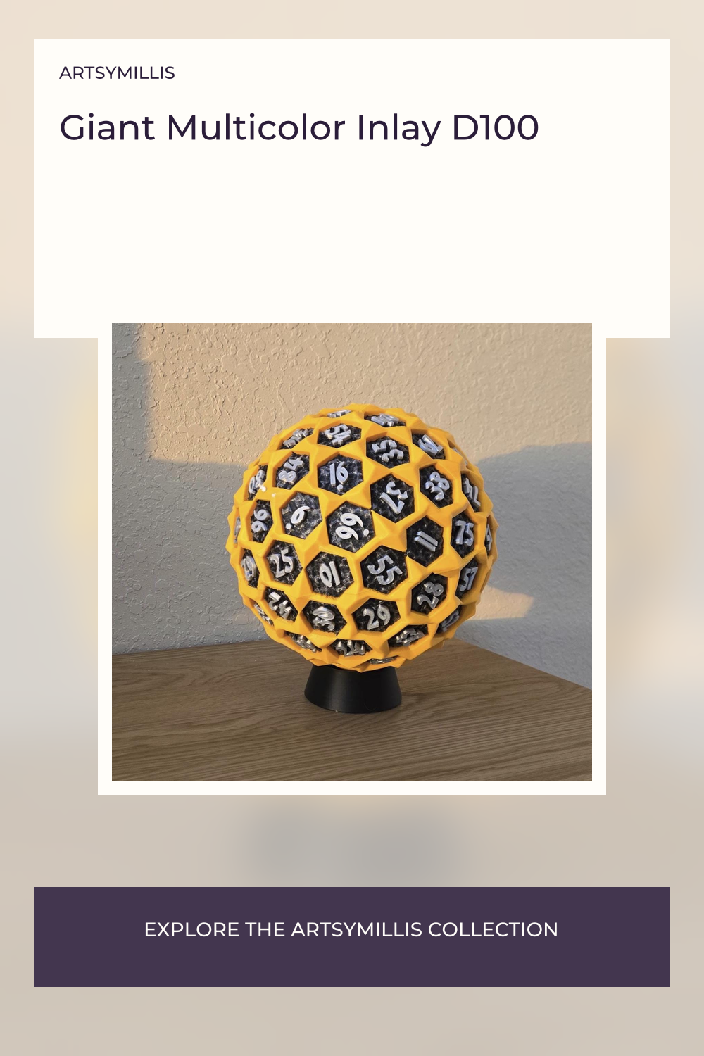 A yellow and black 3D printed d100 die with numbers on each face, placed on a black stand.