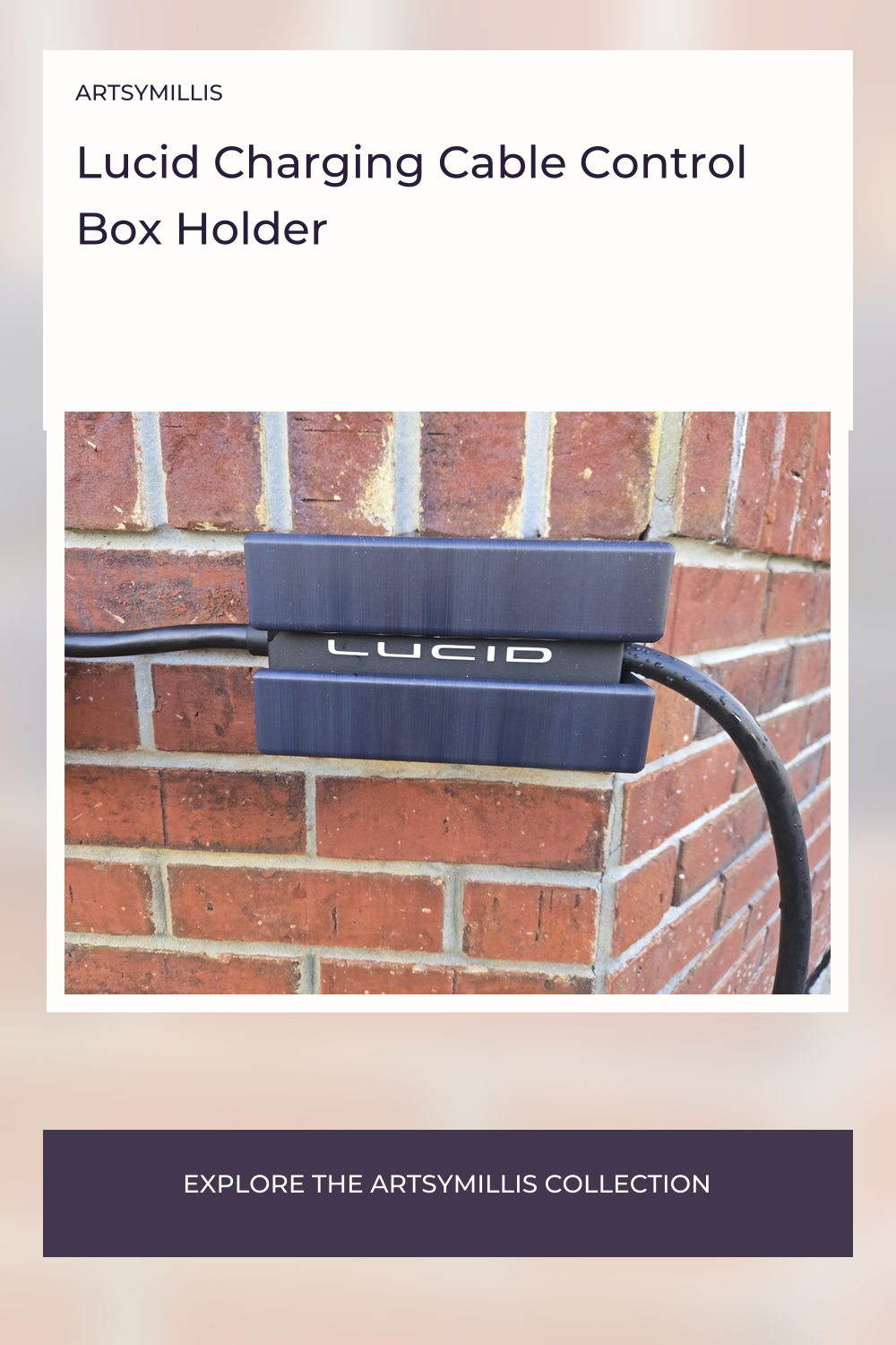A Lucid charging cable control box holder attached to a brick wall, with the Lucid logo visible on the front panel.