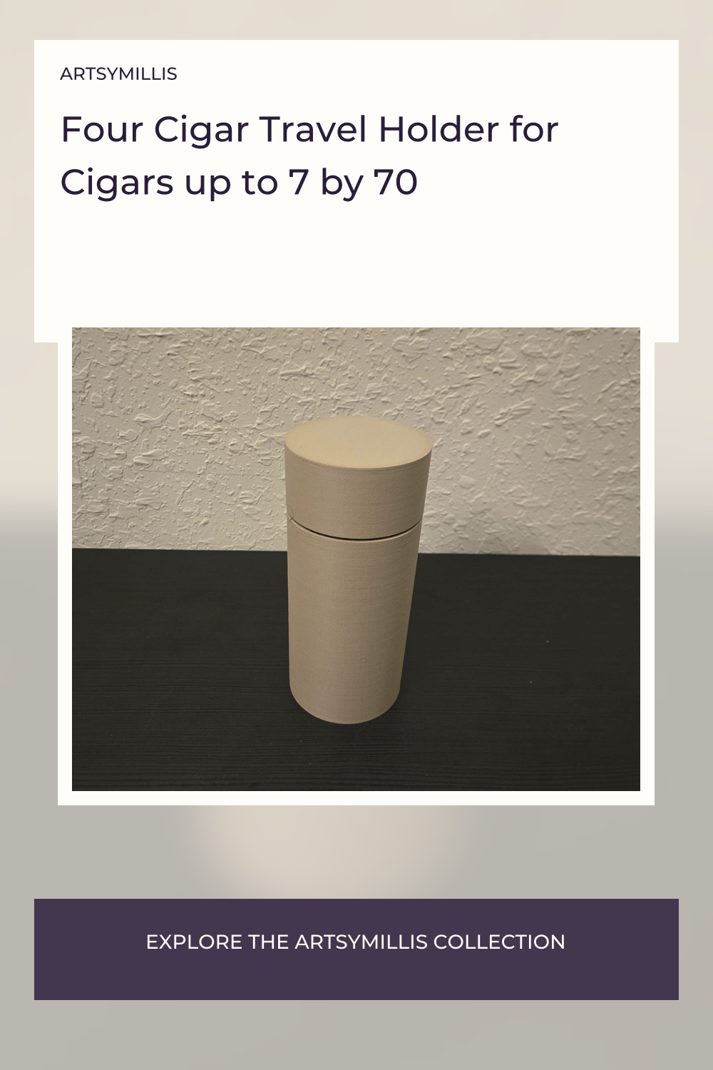 A beige cylindrical cigar holder with a lid, placed on a black surface against a textured wall.