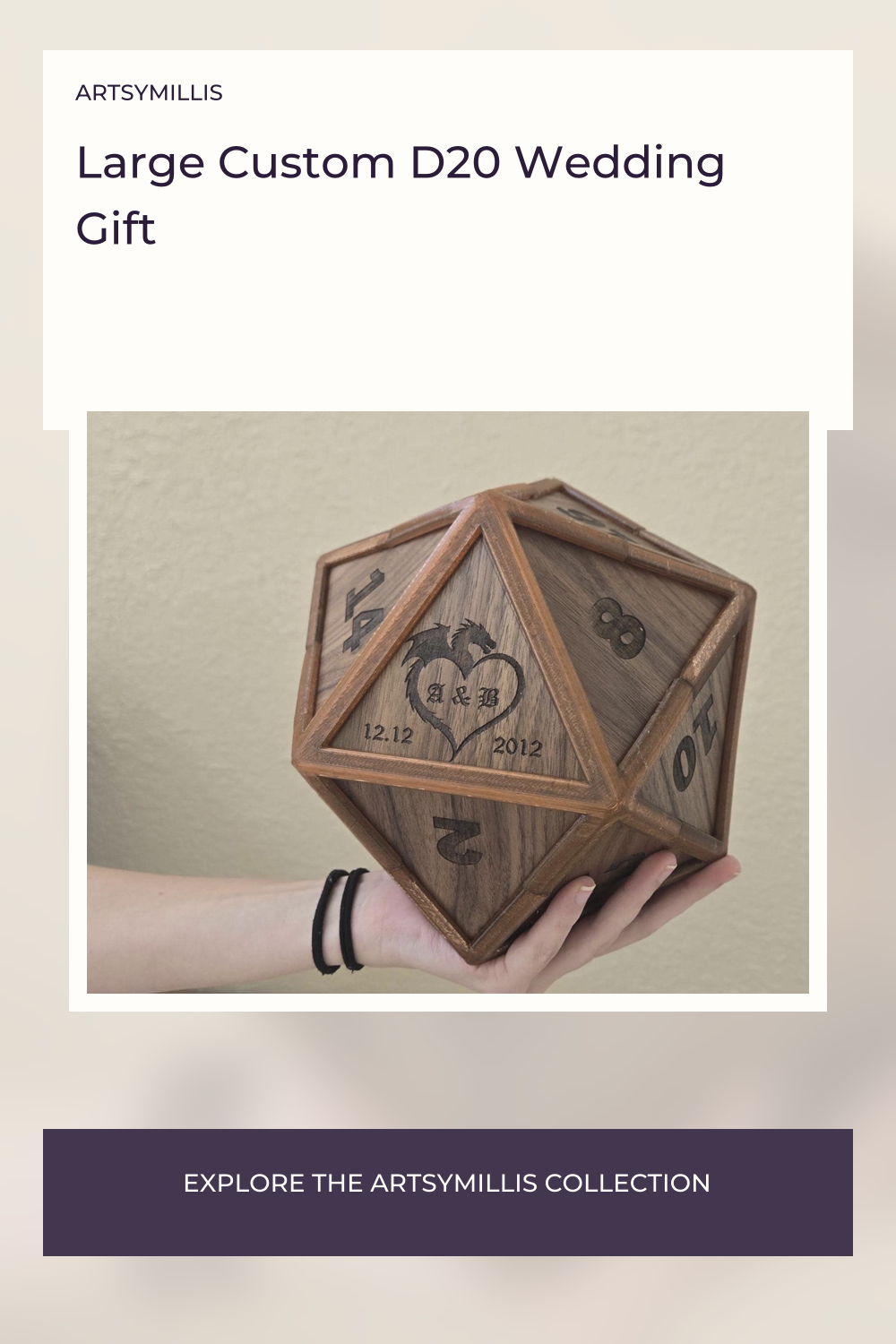 A hand holding a large, wooden, icosahedron-shaped object with engravings of numbers and a heart with initials and a date.