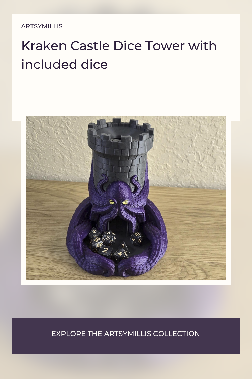 A purple and black Kraken Castle Dice Tower with included dice, Fantasy RPG Roller, Dungeons and Dragons