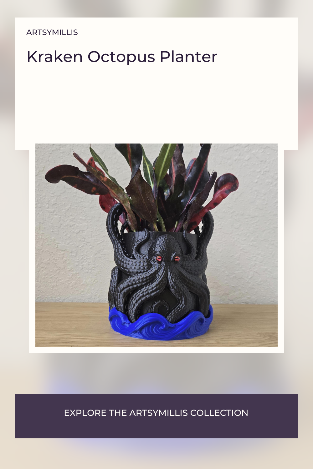 A black octopus planter with red eyes and a blue base, filled with colorful plant leaves.