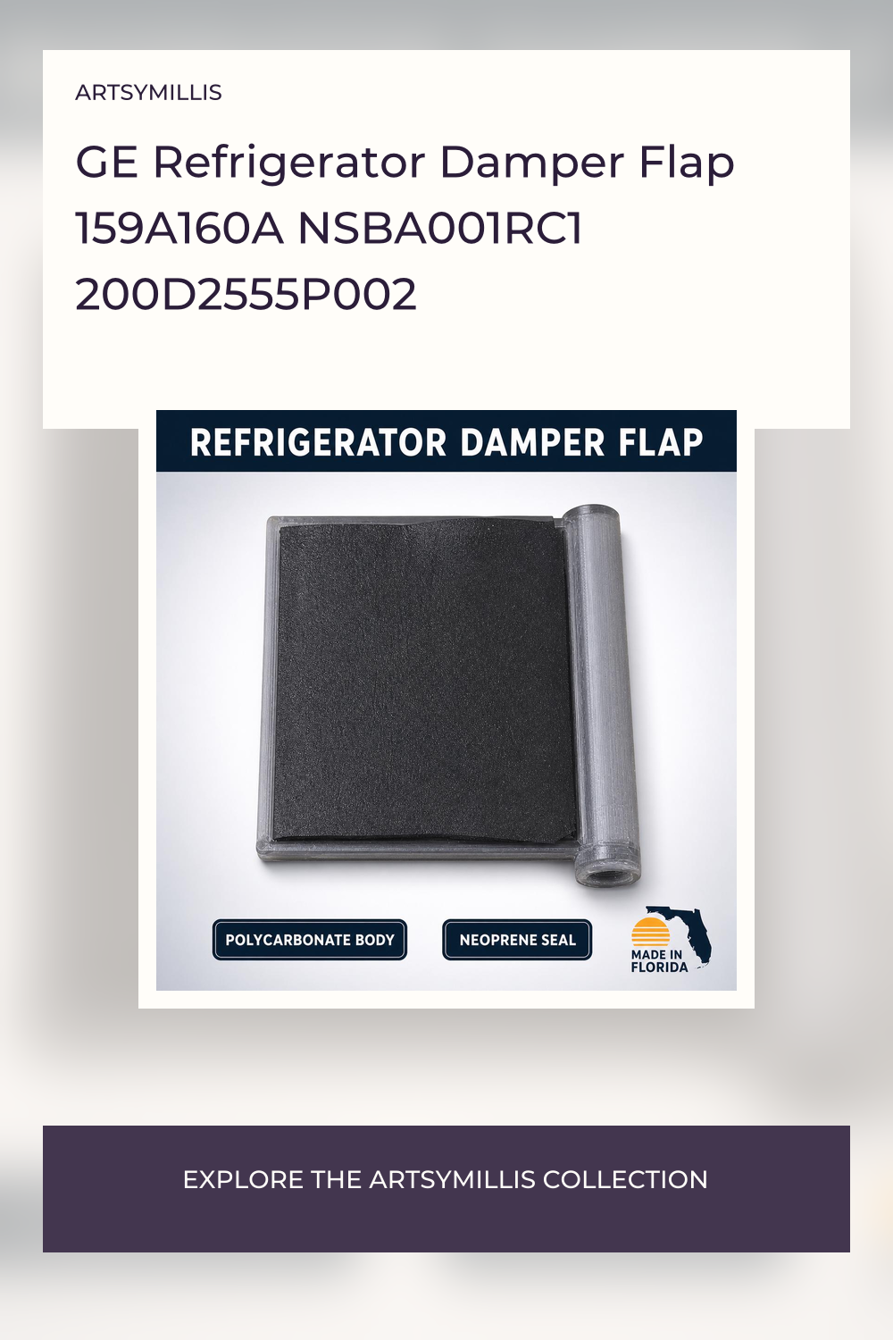 A black refrigerator damper flap with a transparent polycarbonate body and a neoprene seal, made in Florida.