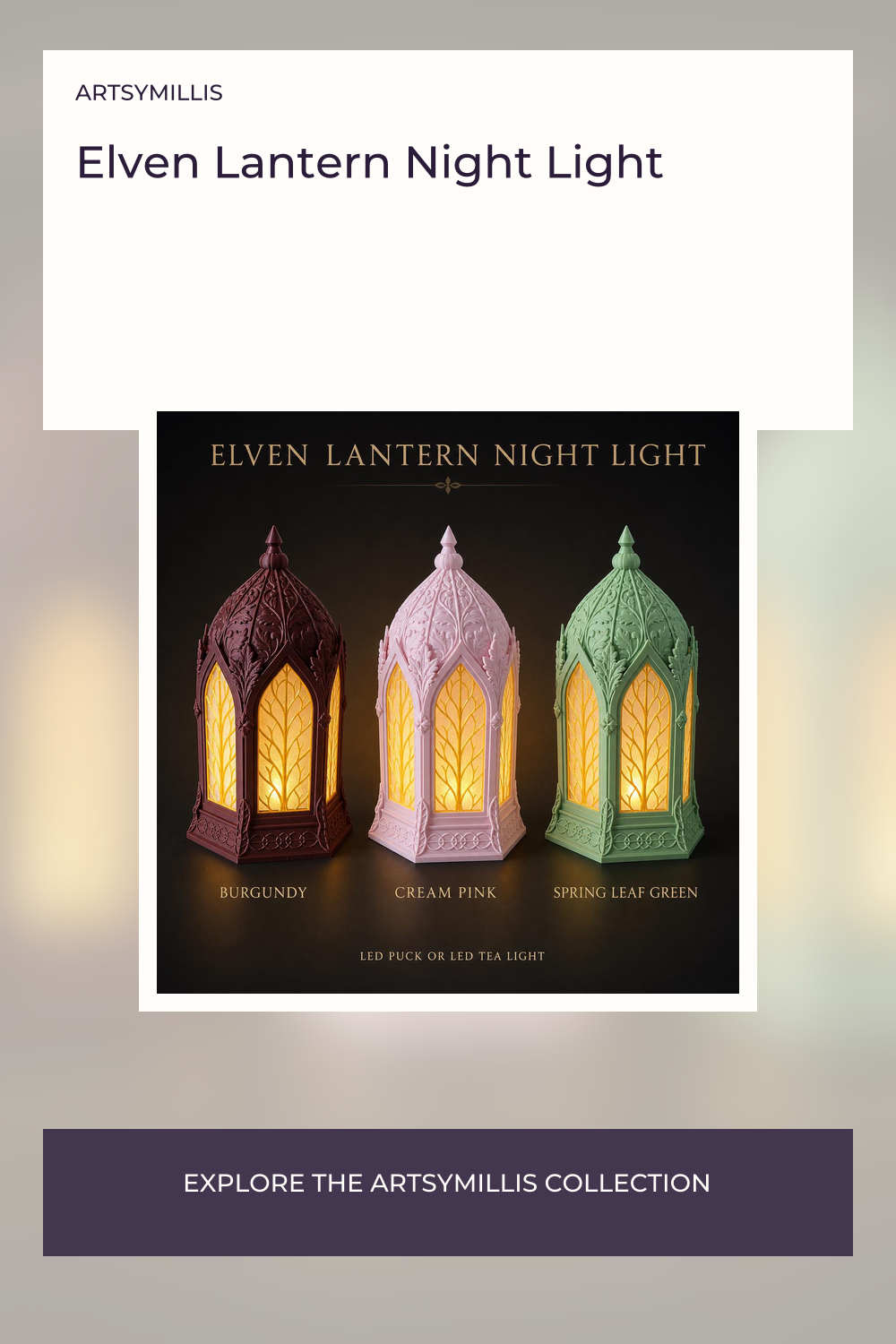 Three Elven Lantern Night Lights in burgundy, cream pink, and spring leaf green colors, each with a LED puck or tea light, on