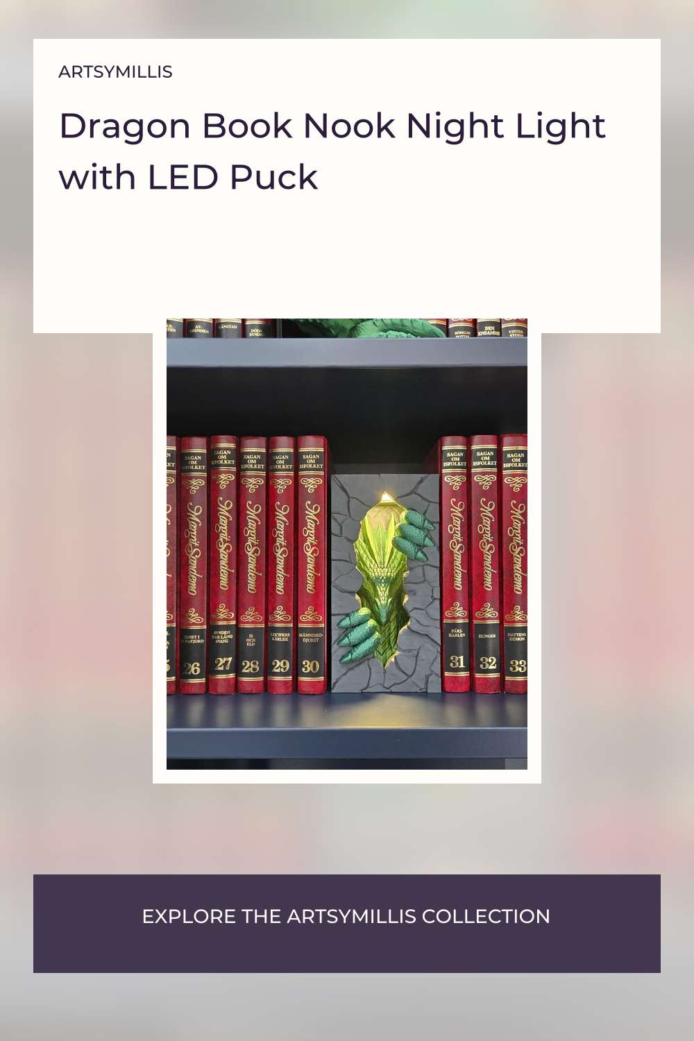 A dragon-themed book nook night light with LED puck, featuring a fantasy shelf lamp with a green dragon head and claw design,